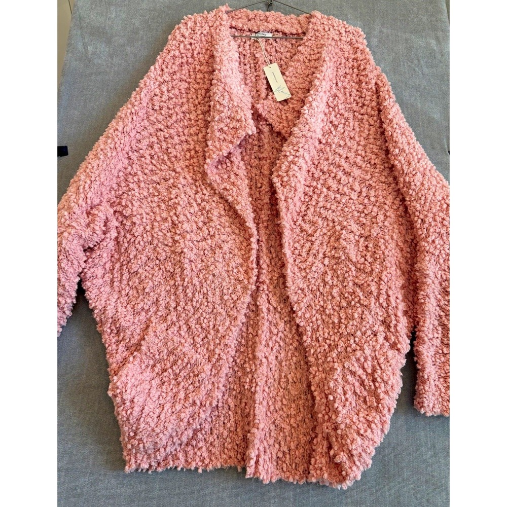 Bluivy Women's Pink Solid Knit Polyester Open Front V-Neck Cardigan